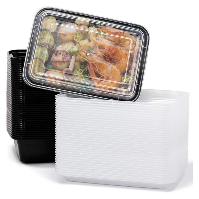 Paquete de 50 recipientes reutilizables para preparar comidas de 1,0 l (38 oz), con tapa, aptos para congelador, microondas y lavavajillas (1,0 l)