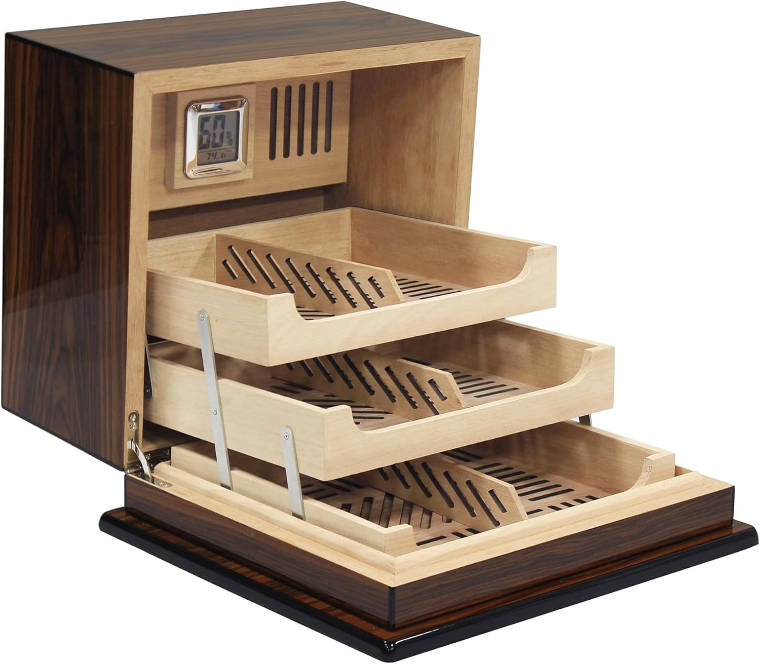Prestige Import Group Elevate Lacquer Humidor w/ Articulating Multi-Tier Tray System - Capacity: Holds up to 150 Cigars - Rio Rosewood Finish