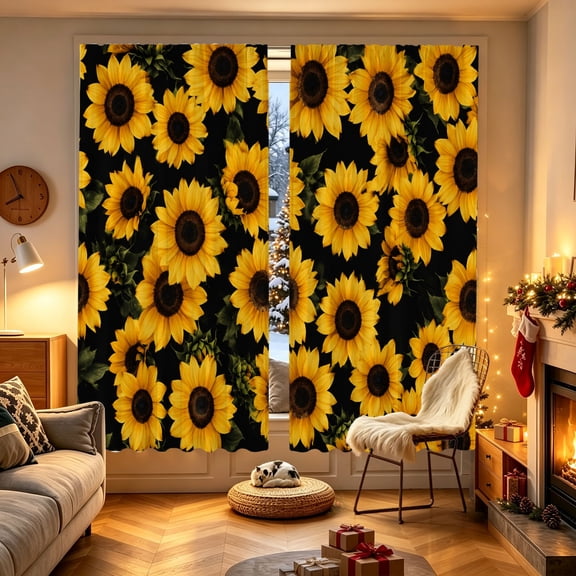 1/2pcs Dark Base Allover Sunflower Printed Window Curtain, 53.9x17.7/27.5x39.3/27.5x59 inch, Polyester, Light Block, Indoor Household Decor