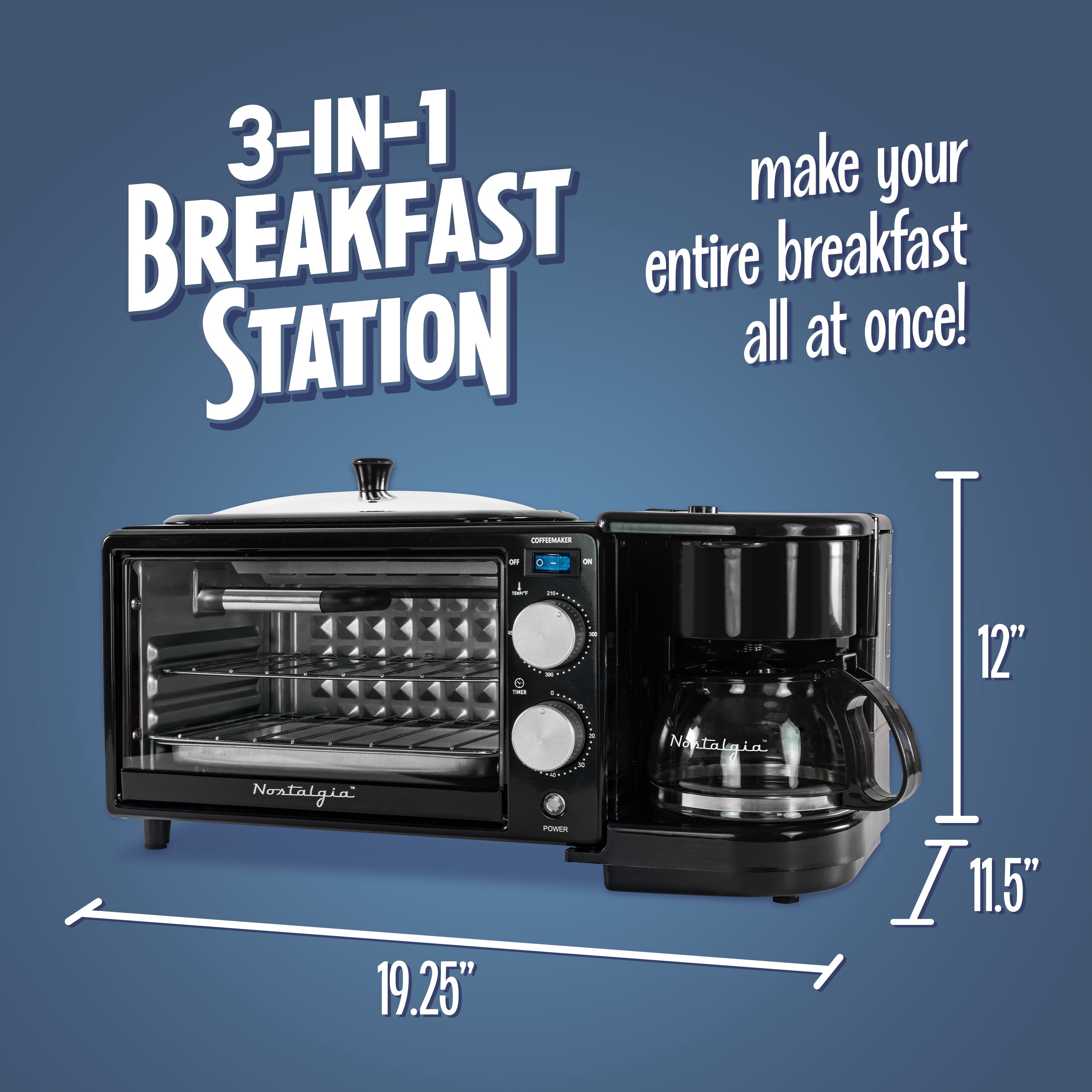 Nostalgia Retro 3-in-1 Breakfast Station with Coffeemaker, Griddle, and Toaster Oven, Black