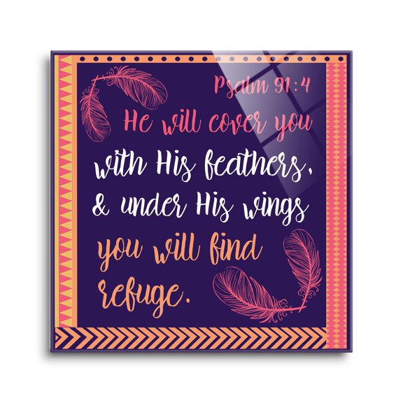 You Will Find Refuge Pink Feathers 12 x 12 Glass Wall Hanging Sign