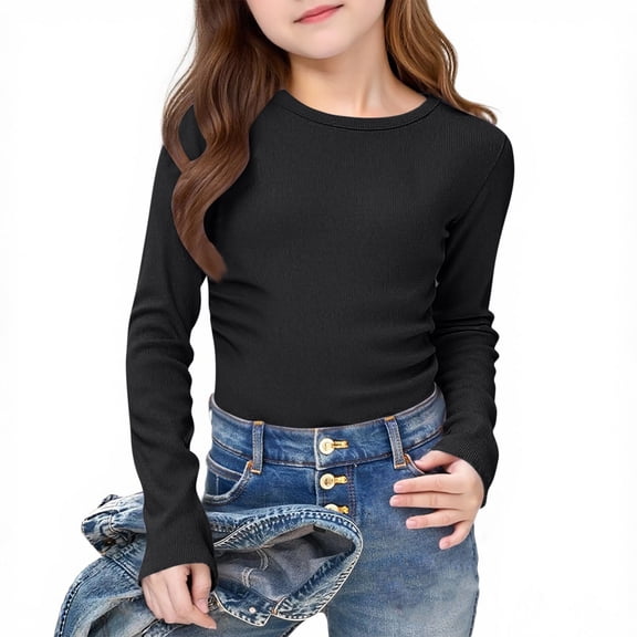 hoksml Girls Long Sleeve Ribbed Crew Neck Tee Slim Fit Casual Stretch Top for Everyday Wear Size 5-16