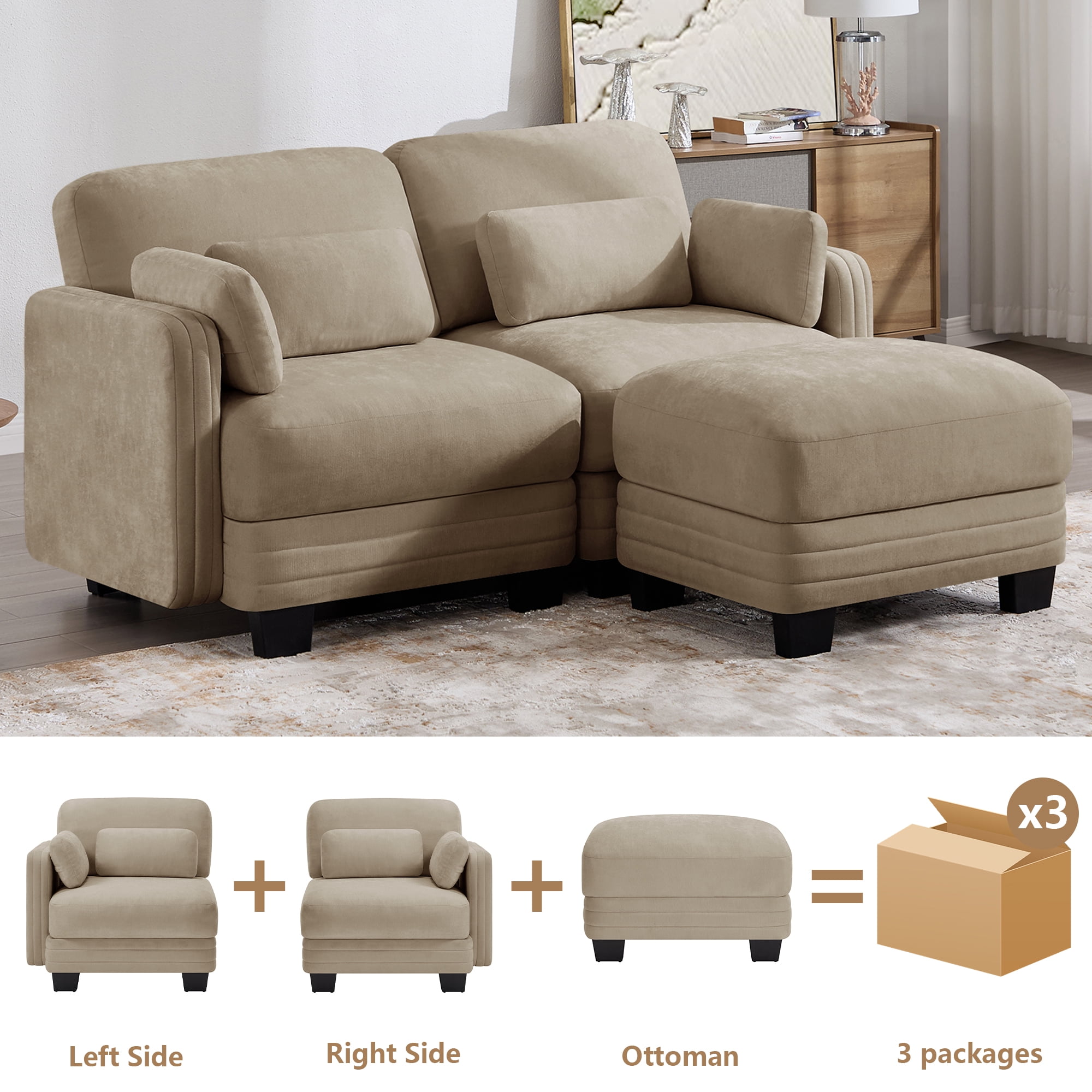 70" Modern Modular 2 Seater Loveseat Sofa Couch with 1 Ottoman and 4 Pillows