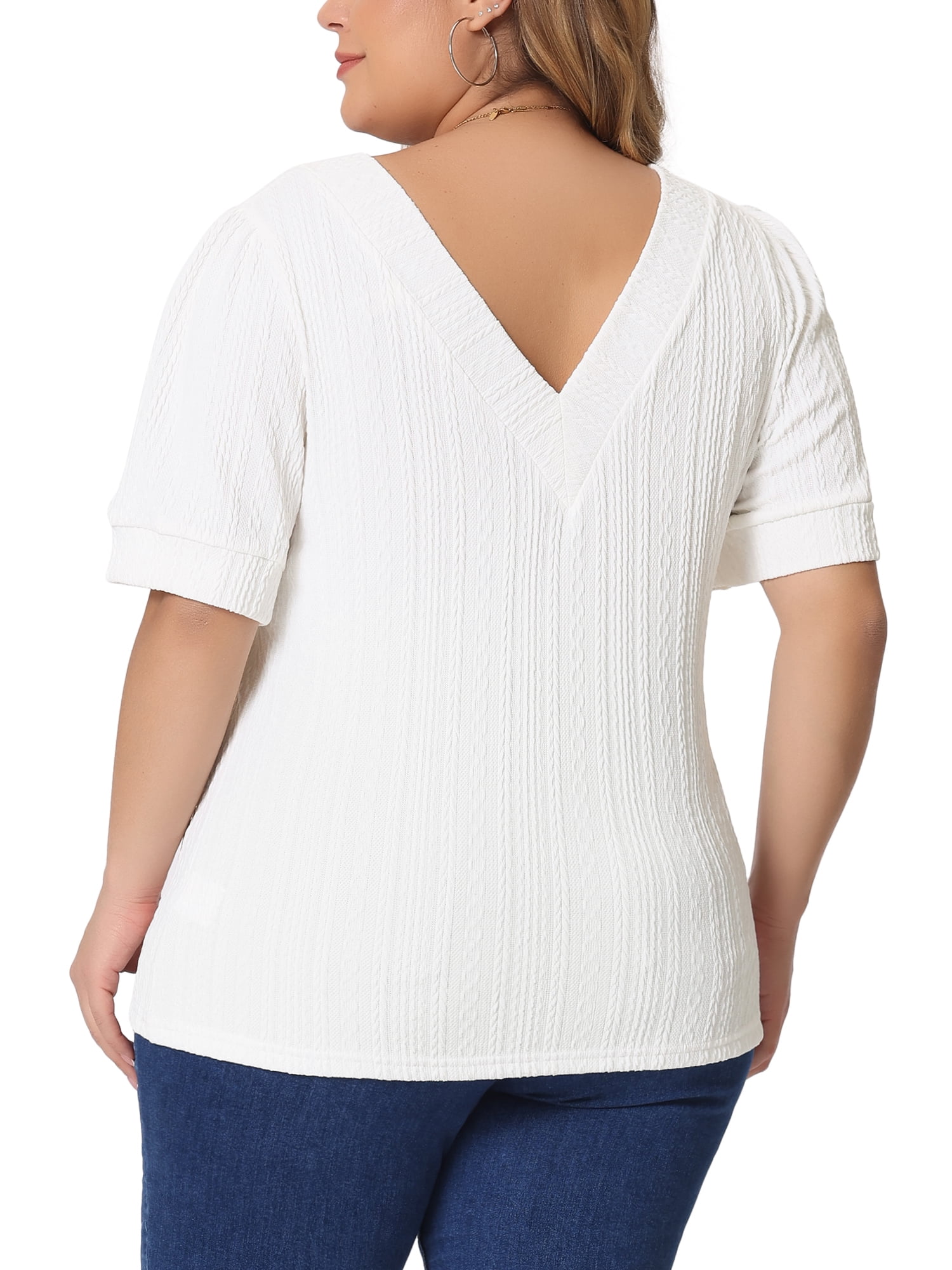 DARING DIVA Women's Plus Tops V Neck Pullover Knitted Casual Blouses 1X White
