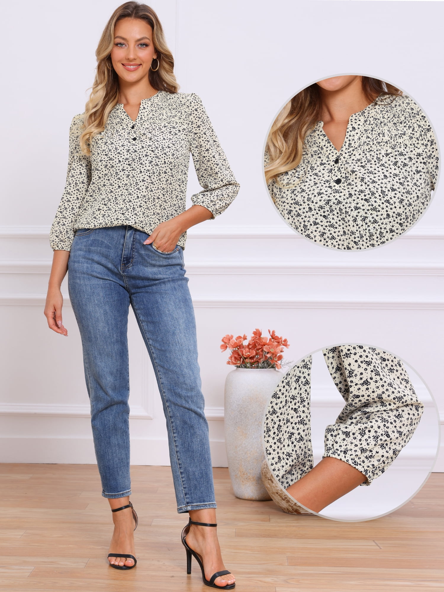 DARING DIVA Women's Floral 3/4 Sleeve Smocked Front V Neck Blouses L White