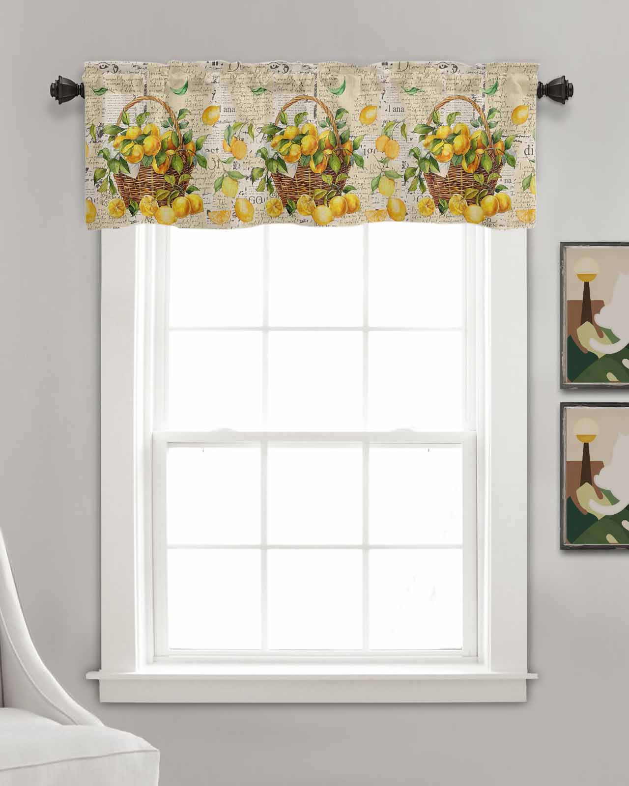 Rustic Lemon Linen Curtain Valance for Bedroom/Bathroom/Kitchen/Office/Living/Dining Room Window,Watercolor Retro Blooming Fruit Yellow Pocket Topper Drapes Decorative Cafe Drapery Panel 54"x18"