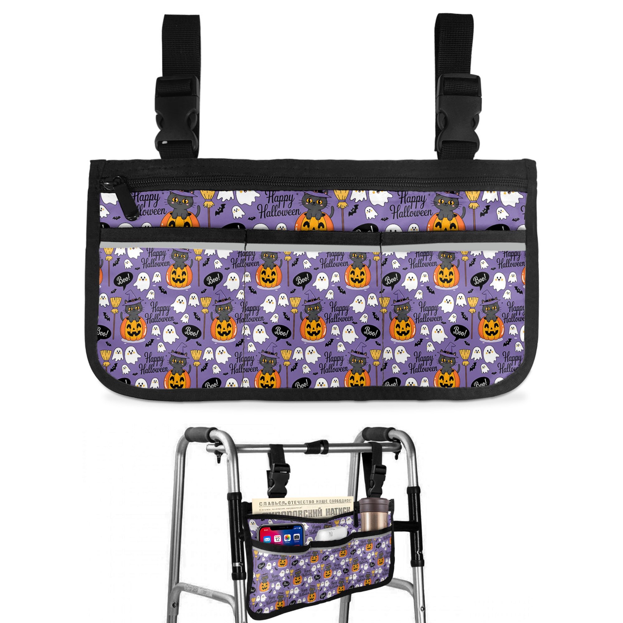 Halloween Wheelchair Side Bag Walk Bag Basket, Orange Pumpkin Funny Ghost Black Cat Purple Wheelchair Accessories Armrest Pouch, Organizer Storage Bags for Walkers, Rollators, Scooters, 7.3"x13"