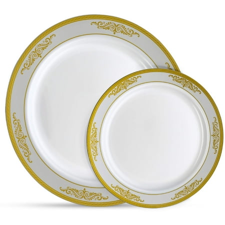 Designer Displayware White Wide Rim Laura Stein Designer Dinnerware Set | 32 Disposable Plastic Party Plates | White Plate with Gold Rim & Brushed Grey Accents | Includes 16 x 10.75