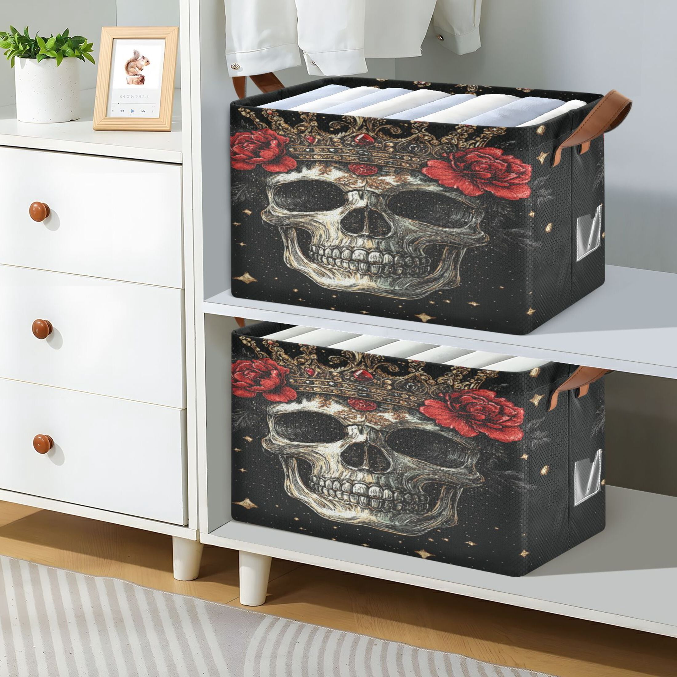 WOBOGO Crown Skull Black Pattern Storage Basket 16.9×11.4×10in Collapsible Oversized with Metal Iron Frame Set of 1