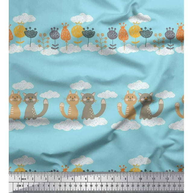 Soimoi Velvet Fabric Floral,Clouds & Cat Kids Decor Fabric Printed Yard 58 Inch Wide