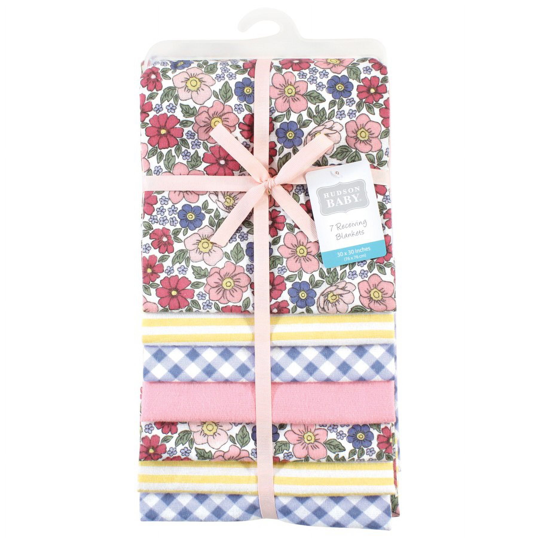 Hudson Baby Infant Girl Cotton Rich Flannel Receiving Blankets Bundle, Pink Blue Pretty Floral, One Size