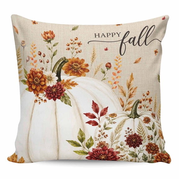 White Pumpkins Fall Throw Pillow 18x18 Inch, Thanksgiving Floral Botanical Rustic Waterproof Outdoor Pillow Covers with Insert, Decorative Pillowcase Cushion for Couch, Sofa, Bed, Patio, Garden