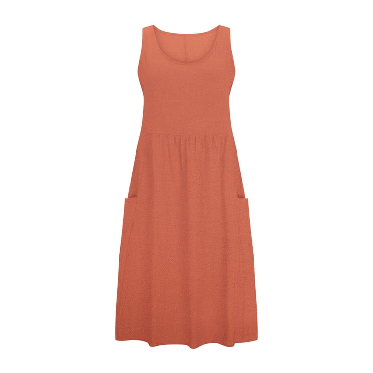 Akoee Cotton Linen Tank Dress for Women with Pockets Scoop Neck Fashion Plus Size Summer Casual Midi/Long Dress (Medium, Orange), Women's