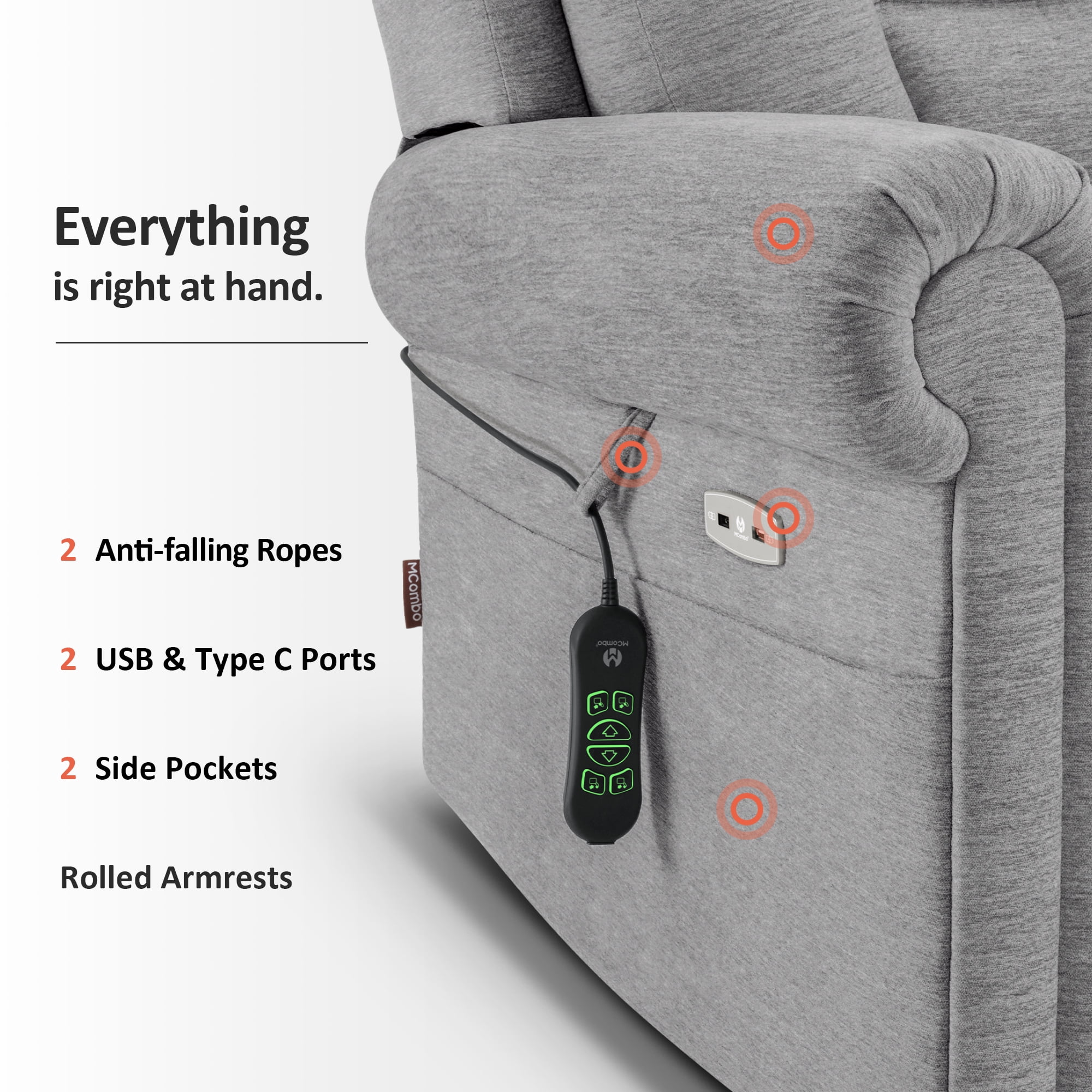 MCombo Dual Motor Power Lift Recliner Chair with Massage and Dual Heating for Senior, Fabric 7888 (Gray, Medium)