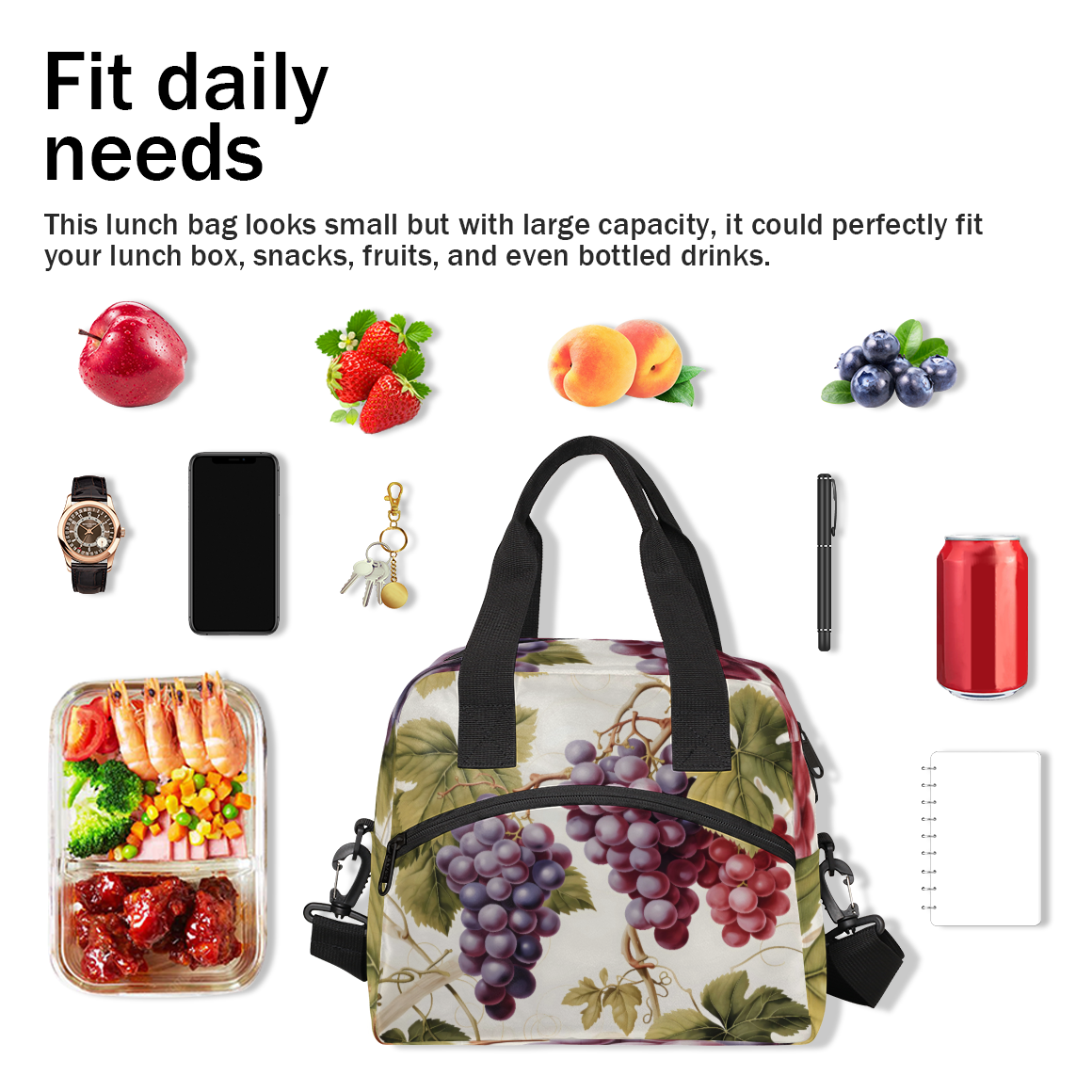 Herdesigns Purple Grapes Insulated Lunch Bag for Women Men Adults Large Reusable Lunch Box Leakproof Portable Cooler Tote Bags with Adjustable Shoulder Strap