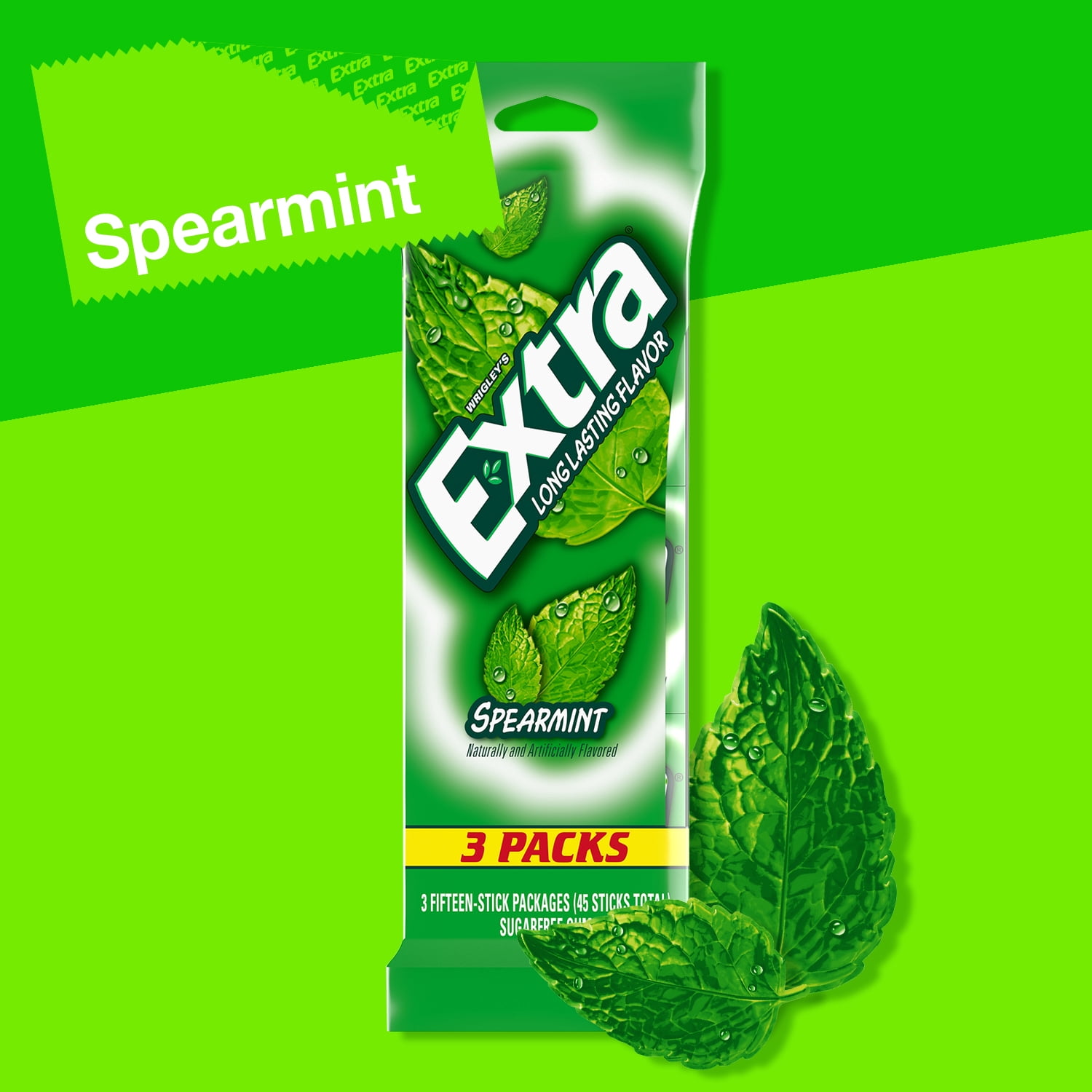 EXTRA Spearmint Sugar Free Chewing Gum, 15 Sticks per Pack, 3 Pack