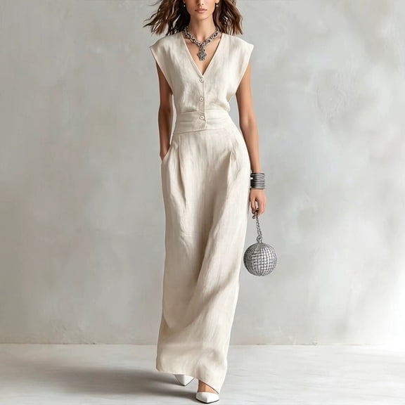Morttic Women's Elegant Button Front Sleeveless V-Neck Maxi Dress – Boho Summer Beach Casual Vacation Dress with Side Pockets Beige,S