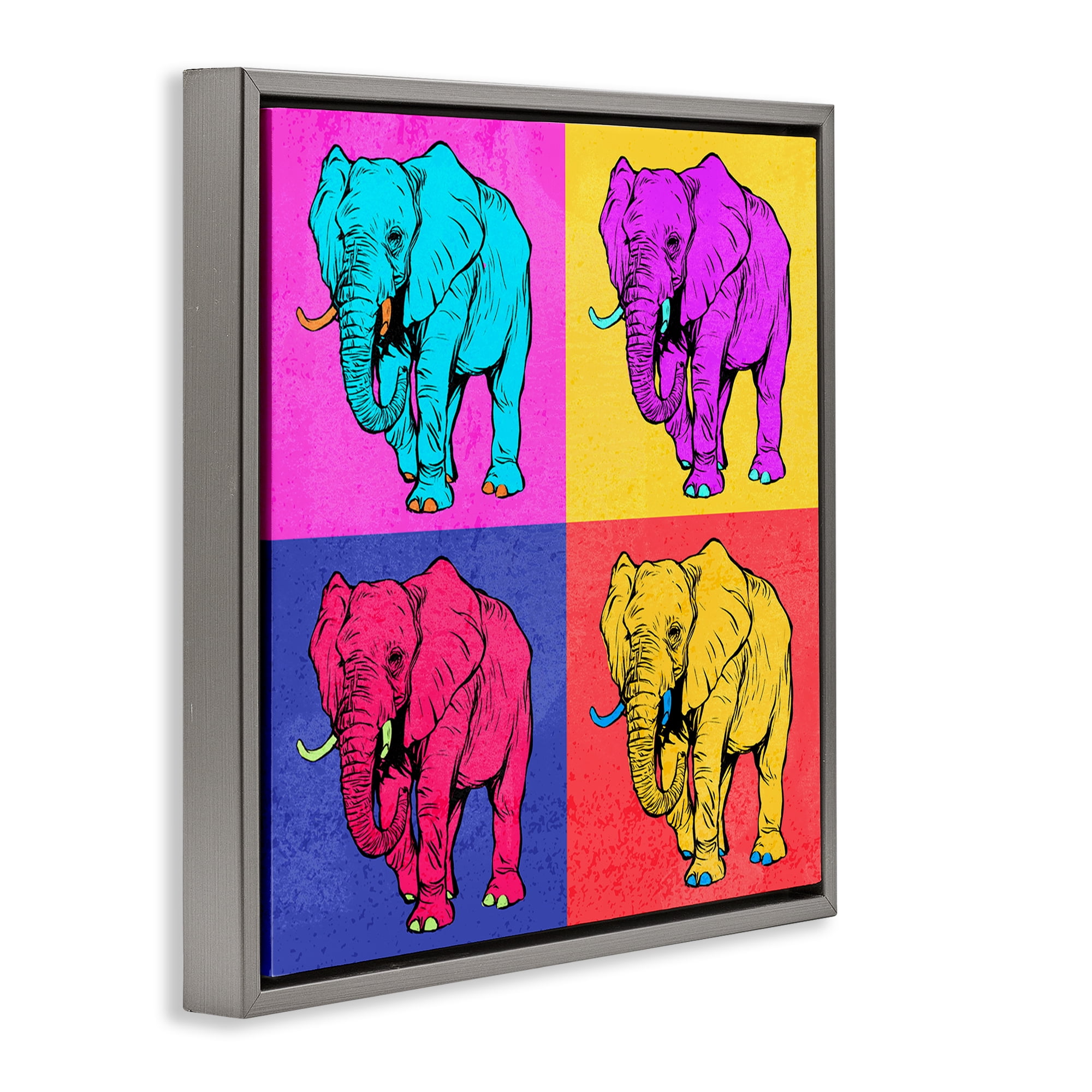 Stupell Industries Bold Pop Elephants Animals Painting Gray Floater Framed Canvas Art Print Wall Art, 18 x 18