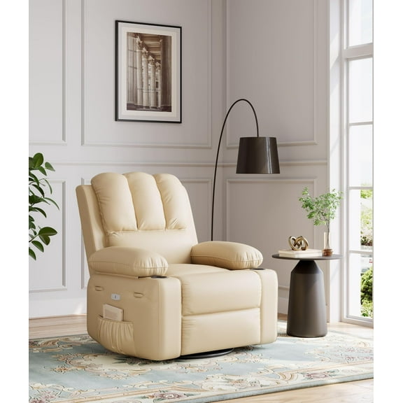 RIEDHOFF Oversized Power Recliner Chair with Heat and Massage, 360° Rocker Swivel, Off-White