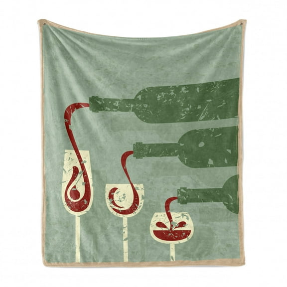 Wine Soft Flannel Fleece Throw Blanket, Grungy Aged Display with Wine Pouring into Glasses Retro, Cozy Plush for Indoor and Outdoor Use, 70" x 90", Almond Green Olive Green, by Ambesonne