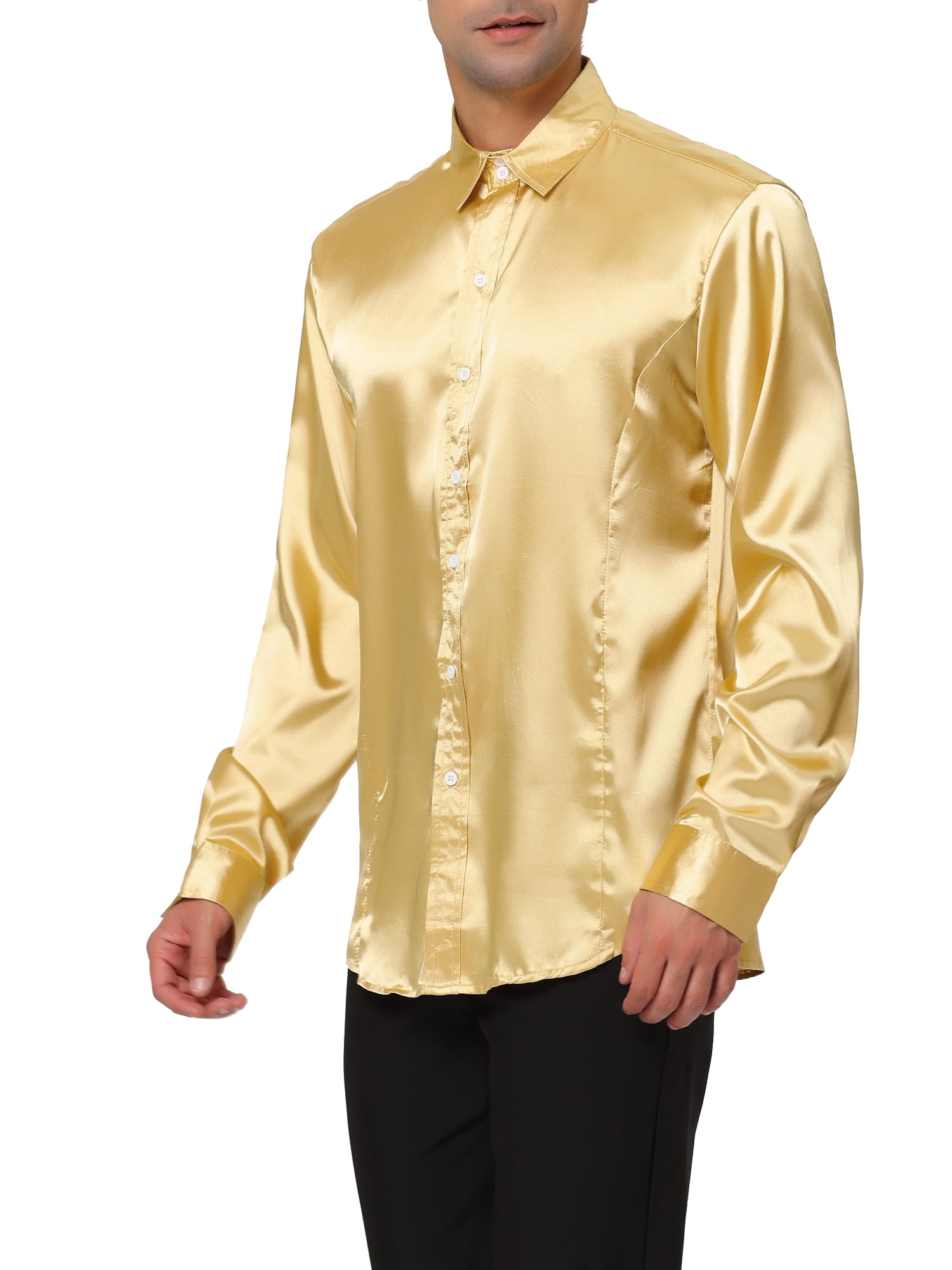 Unique Bargains Men's Satin V Neck Long Sleeves Button Down Prom Shirts XL Golden
