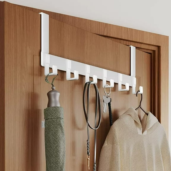 Over The Door Hooks, Over The Door Hanger Coat Rack with 6 Hooks for Hanging Clothes Hat Towels Umbrellas Keys on Back of Bathroom Bedroom Closet Doors（White）