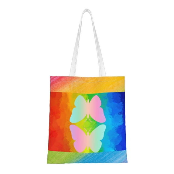 DouZhe Reusable Grocery Bags, Rainbow Heaven LGBT Butterfly Lightweight Polyester Canvas Cloth Tote Bag for Travle Gym Shopping School, 15" x 16"