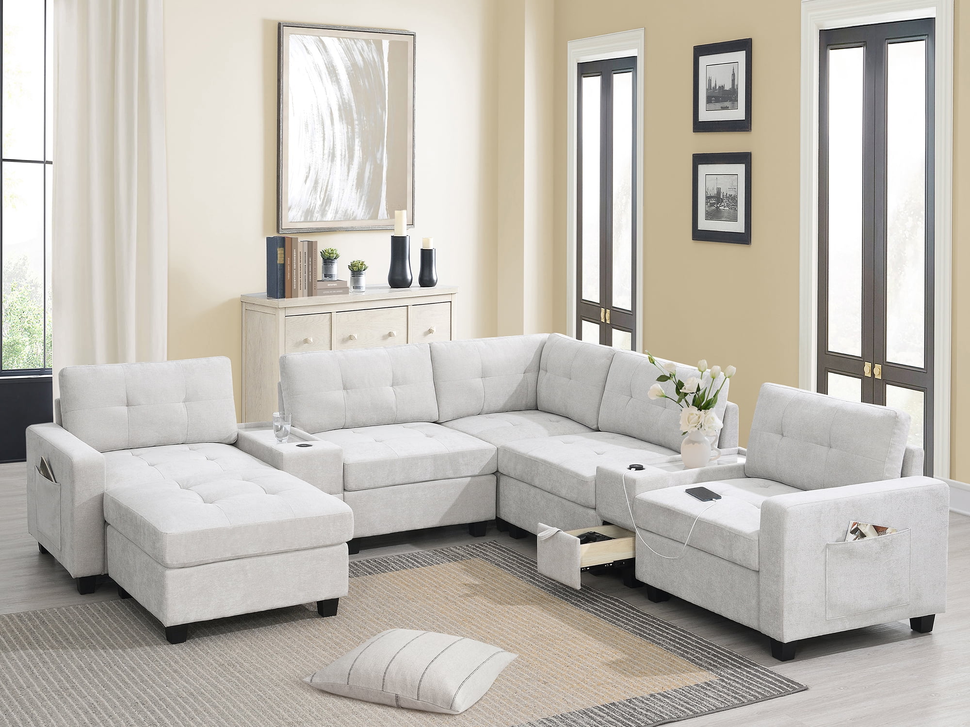 MAYEERTY 104" Sectional Sofa - Acrylic Table Top Chenille U-Shaped Couch with 2 Consoles/USB/Storage/Ottoman, Tufted for Living Room/Apartment, 2 Colors