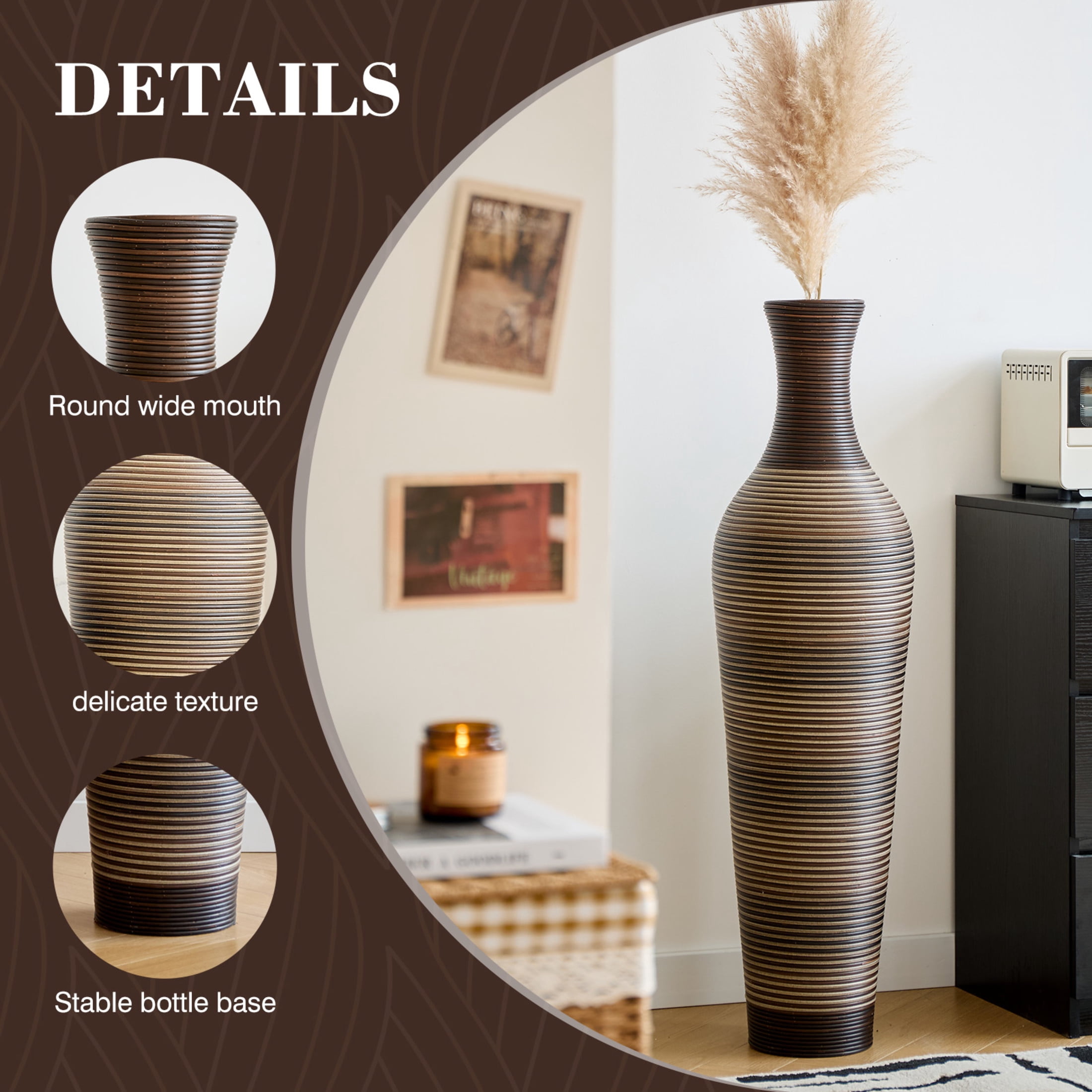 Noble House 39.37" Tall Handcrafted PVC Floor Vase, Textured Brown Gradient Decorative Vase, Black+Brown