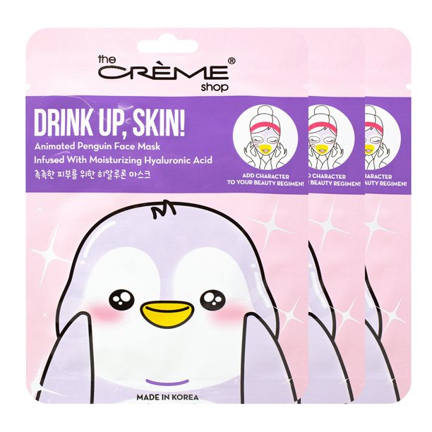 The Crème Shop - Mascarilla Facial Coreana para el Cuidado de la Piel - Facial Completo - Esencia Natural Diaria - Calmante - ¡Piel a tope! - Pack Económico de 3 Mascarillas Faciales de Pingüino
