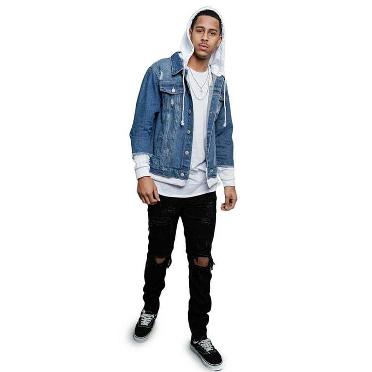 Victorious Men's Hoodie Layered Ripped Denim Jacket with Removable Hood  DK140 - Indigo/White - Small