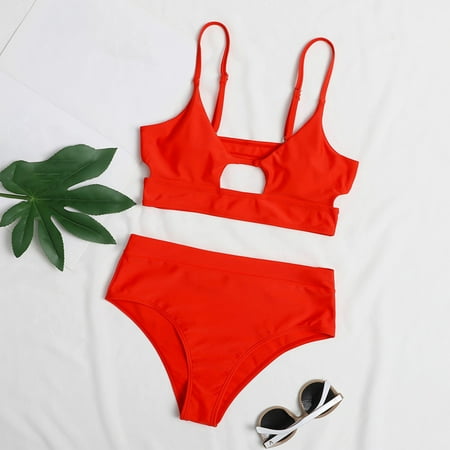 Ovticza Women Bikini Sets High Waisted Bathing Suit - Cutout Two Piece Swimsuit Tummy Control Cheeky Modest Neon Bikini Red L