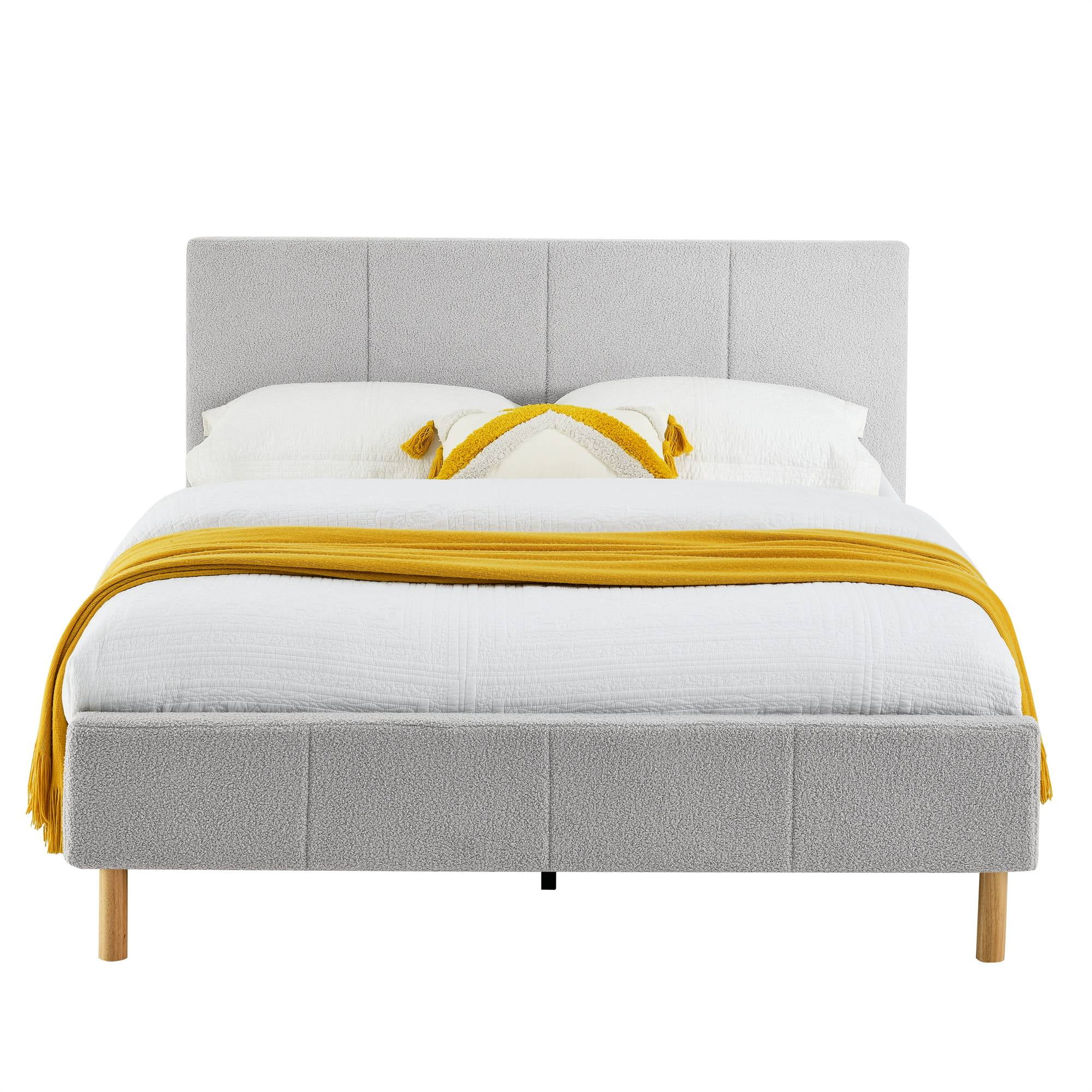 BSHTI Wood Slats Modern King Size Platform Bed Frame with Upholstered Headboard and wood slats support for Livingroom,No Box Spring Needed