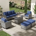 thumbnail image 5 of POTEBAN Patio Furniture Set with 44" Fire Pit Table, 7 Pieces Outdoor Sectional Couch, Grey Wicker Rattan Conversation Sofa with Swivel Chair for Garden Backyard Deck, Navy Blue, 5 of 9