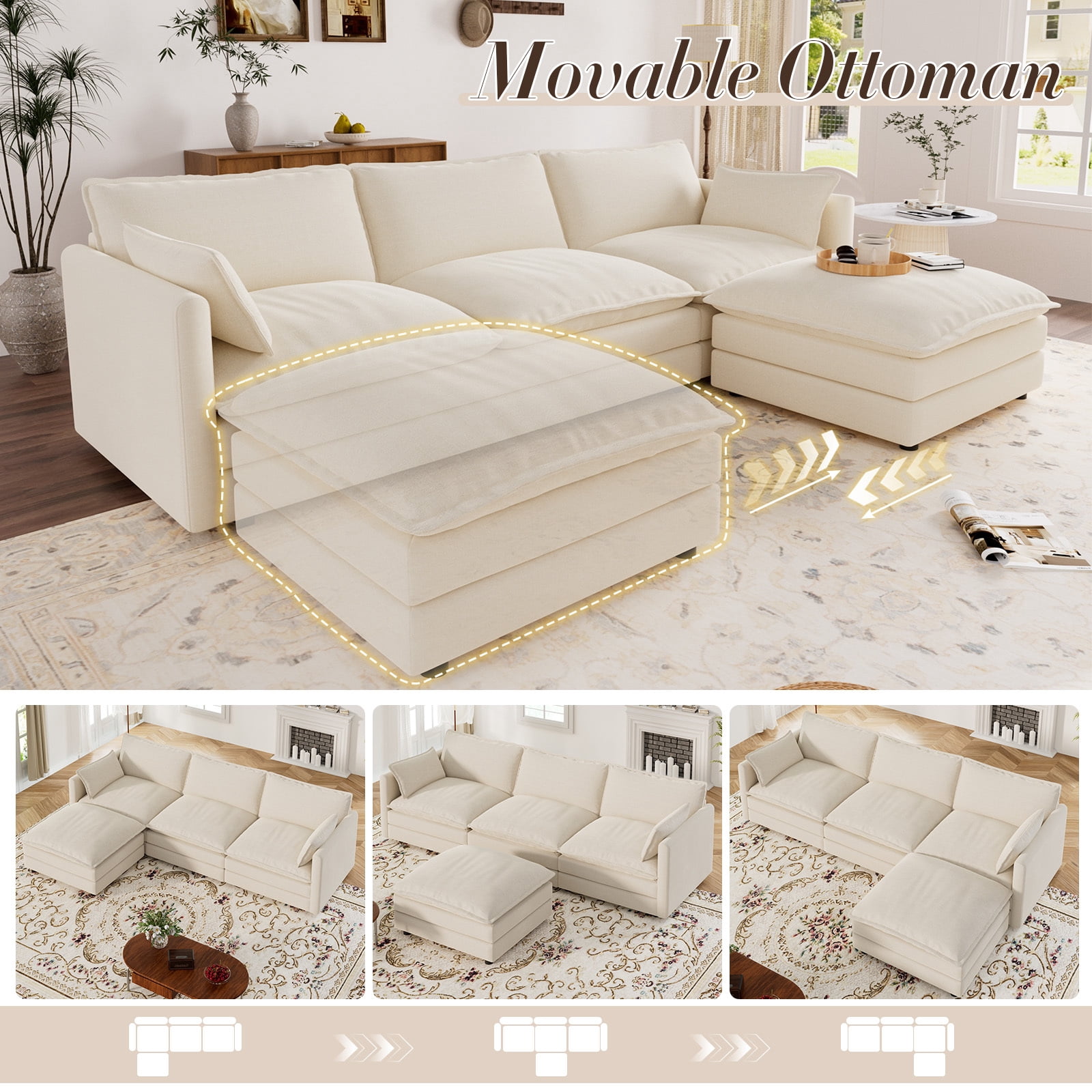 Muumblus Sectional Sofa Cloud Couch with Reversible Ottoman, L-Shaped Chenille Sofa for Living Rooms, Beige