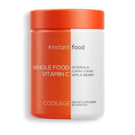 Codeage Whole Food Vitamin C Supplement - Acerola Cherry  Camu Camu  Amla Berry & Rose Hips Blend - Citrus Bioflavonoids - Instantfood Energy Vitamins - 500mg Vitamin C Pills - Non-GMO - 60 Capsules