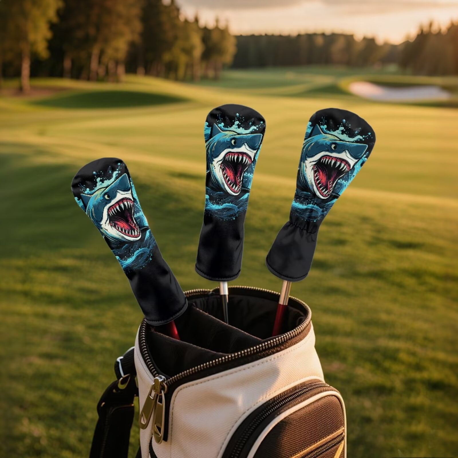 Uorisanigo Shark Print Golf Club Head Cover 3pc Golf Headcovers for Woods and Driver Fairway Hybrids, Golfs Accessories Head Covers Set with Premium PU Leather, Abrasion-Resistant
