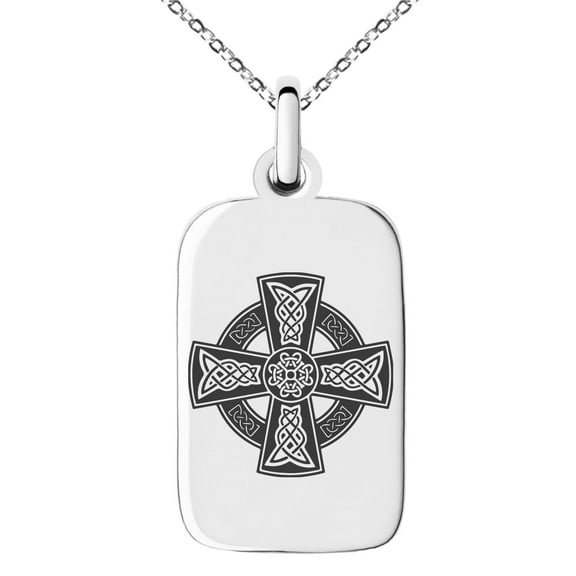 Stainless Steel Celtic Cross Rune Knot Engraved Small Rectangle Dog Tag Charm Pendant Necklace