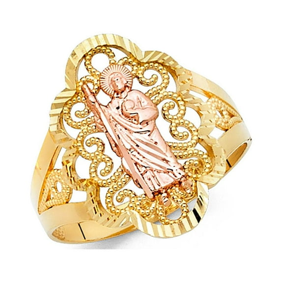 14k Yellow & Rose Gold Jesus Ring Religious Charm Band Diamond Cut Fancy Filigree Two Tone 20MM Size 7