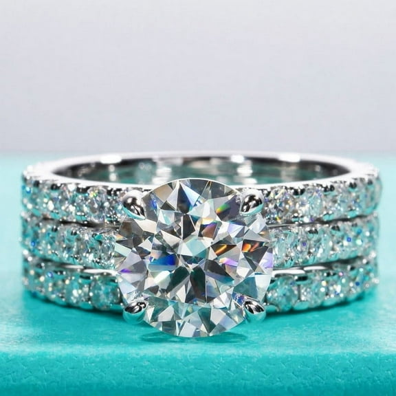 Silvago Jewel 2.3 Ct Round Cut Simulated Diamond Rings - 14K White Gold Plated Rings - Trio Set Engagement Wedding Rings with Two Matching Band - Christmas Special Gifts - Bridal Diamond Jewelry