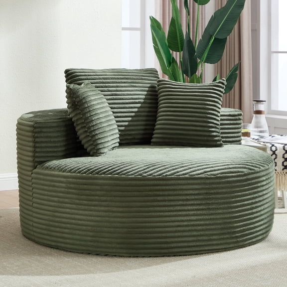 55.9" Oversized Round Chair Lounge Chaise Indoor, Corduroy Cloud Sofa Chair, Fluffy Lounge Floor Sofa Chair, Green