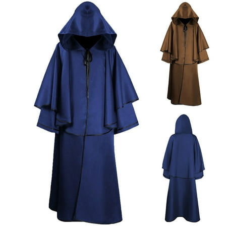 

Mens Halloween Costume Solid Hooded Robe Gothic Drawstring Cape Lace Steampunk Long Sleeve Stage Outfit Cloak Fashion Lightweight Casual Sweatshirt