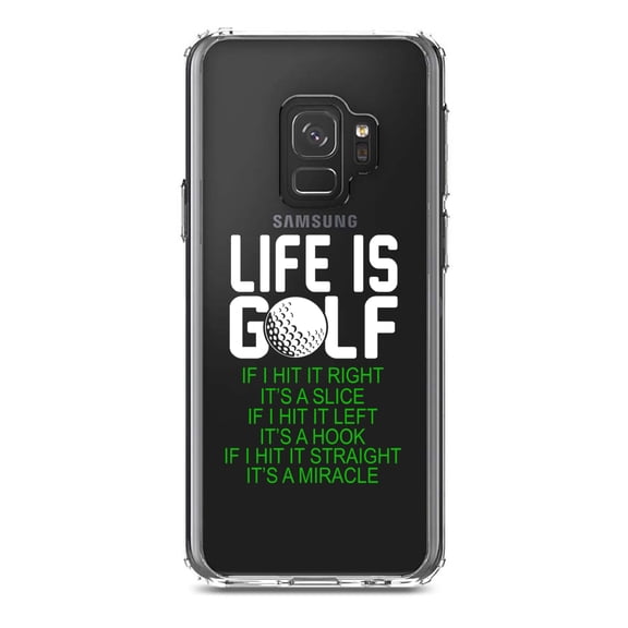 DistinctInk Clear Shockproof Hybrid Case for Samsung Galaxy S9 (5.8" Screen) - TPU Bumper Acrylic Back Tempered Glass Screen Protector - Life is Golf Slice Hook Straight Miracle