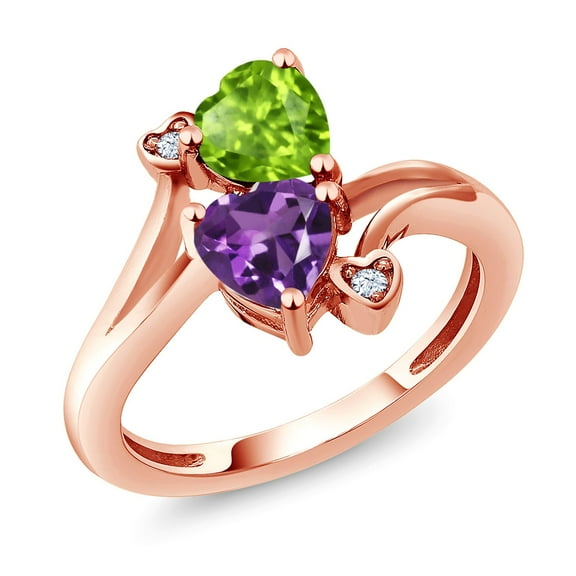 Gem Stone King 18K Rose Gold Plated Silver Green Peridot Purple Amethyst Ring for Women (1.51 Cttw, Heart Shape 6MM, Gemstone August Birthstone, Size 5)