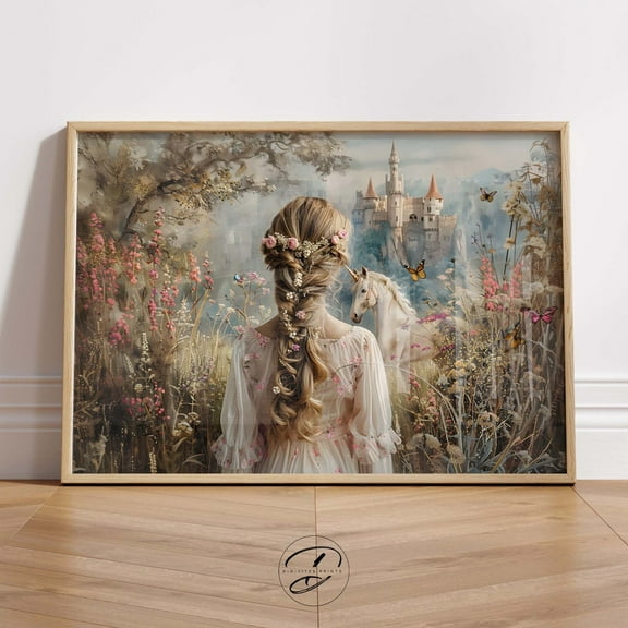 Princess And Unicorn Wall Art, Whimsical Cottagecore Nursery Decor Home Decor #151, Unframed Poster Size 8x12