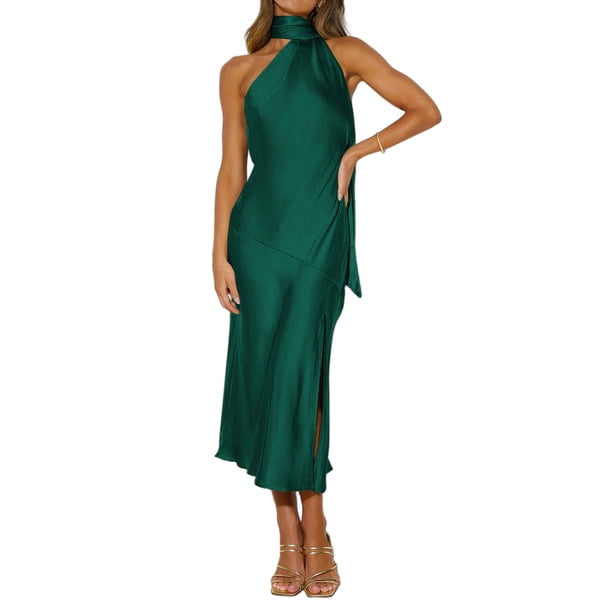 Vestido Halter Elegante Vestido elegante con cuello halter para mujer Vestido de fiesta de satén sin espalda Vestidos (Verde XL) Cgtredaw Para estrenar