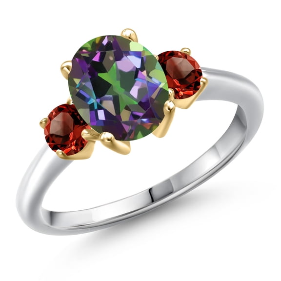 Gem Stone King 10K Two Tone Gold Green Mystic Topaz and Red Garnet Engagement Ring for Women | 3.04 Cttw | Oval 9X7MM | Gemstone November Birthstone | Size 5