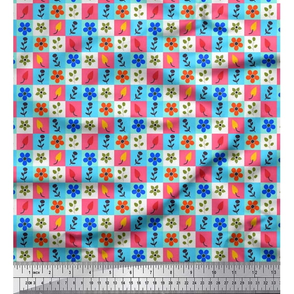 Soimoi Silk Fabric Check,Leaves & Floral Clip Art Print Fabric by the Yard 42 Inch Wide