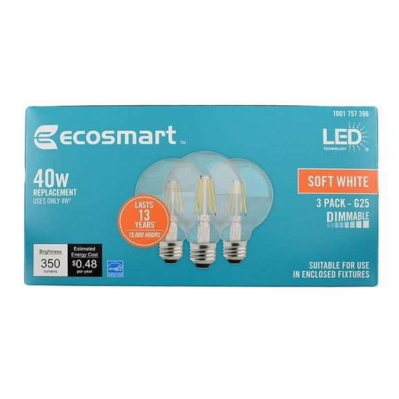 EcoSmart 40-Watt Equivalent G25 Globe Dimmable Energy Star Clear Glass Filament Vintage Style LED Light Bulb Soft White (3-Pack)