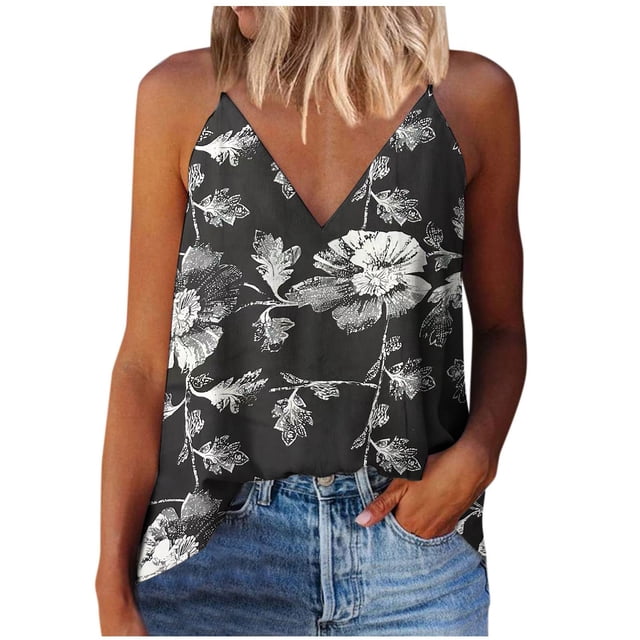 Playeras,Blusas y Tops,Ropa para Mujer Cropped Tank Top Camiseta de tirantes con estampado de camisola para mujer, camiseta, blusa, camiseta sin mangas, cuello en V, tirantes finos (Grey, S)